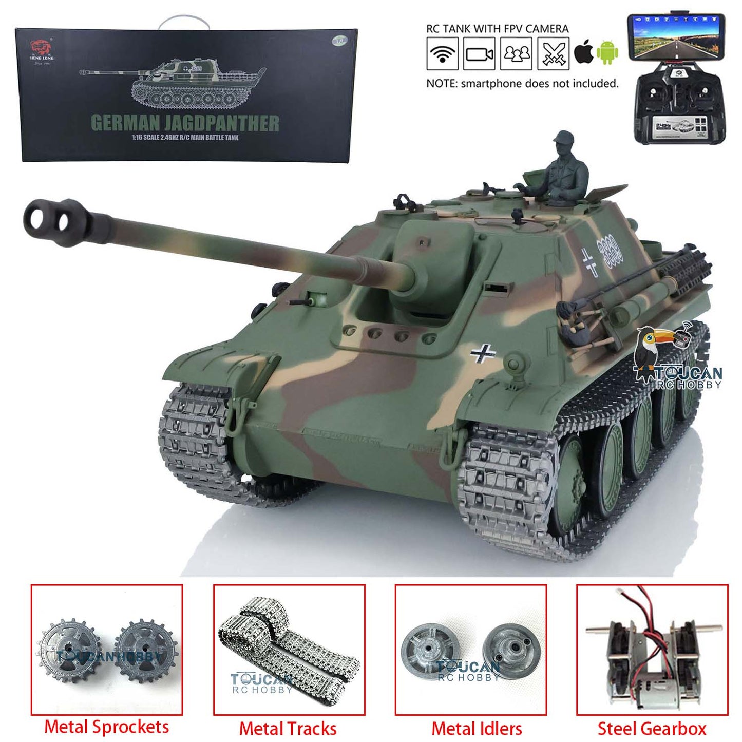 Henglong 1/16 Upgraded 3869 7.0 German Tank Model Jadpanther w/ FPV Camera Metal Tracks Idler Sprocket Wheels BB Shooting Engine Sound