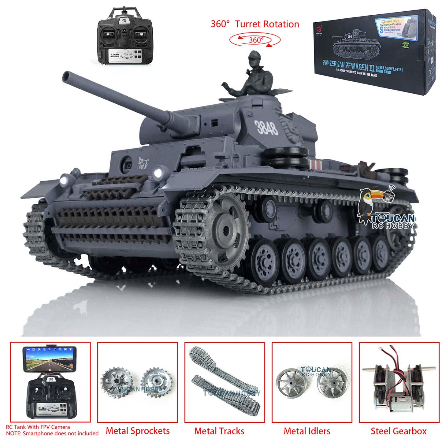 Henglong 1/16 Scale FPV 7.0 Upgraded Panzer III L RTR RC Tank Radio Control 3848 360 Degree Turret Rotation Infrared Combating System