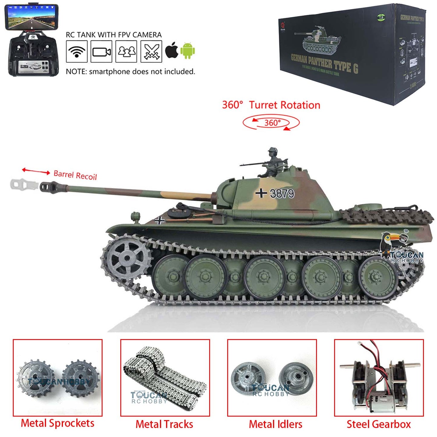 Henglong 1/16 TK7.0 RC Tank Model German Panther G Upgraded 3879 w/ FPV 360 Degrees Rotating Turret Smoking Gearbox Sound Effect