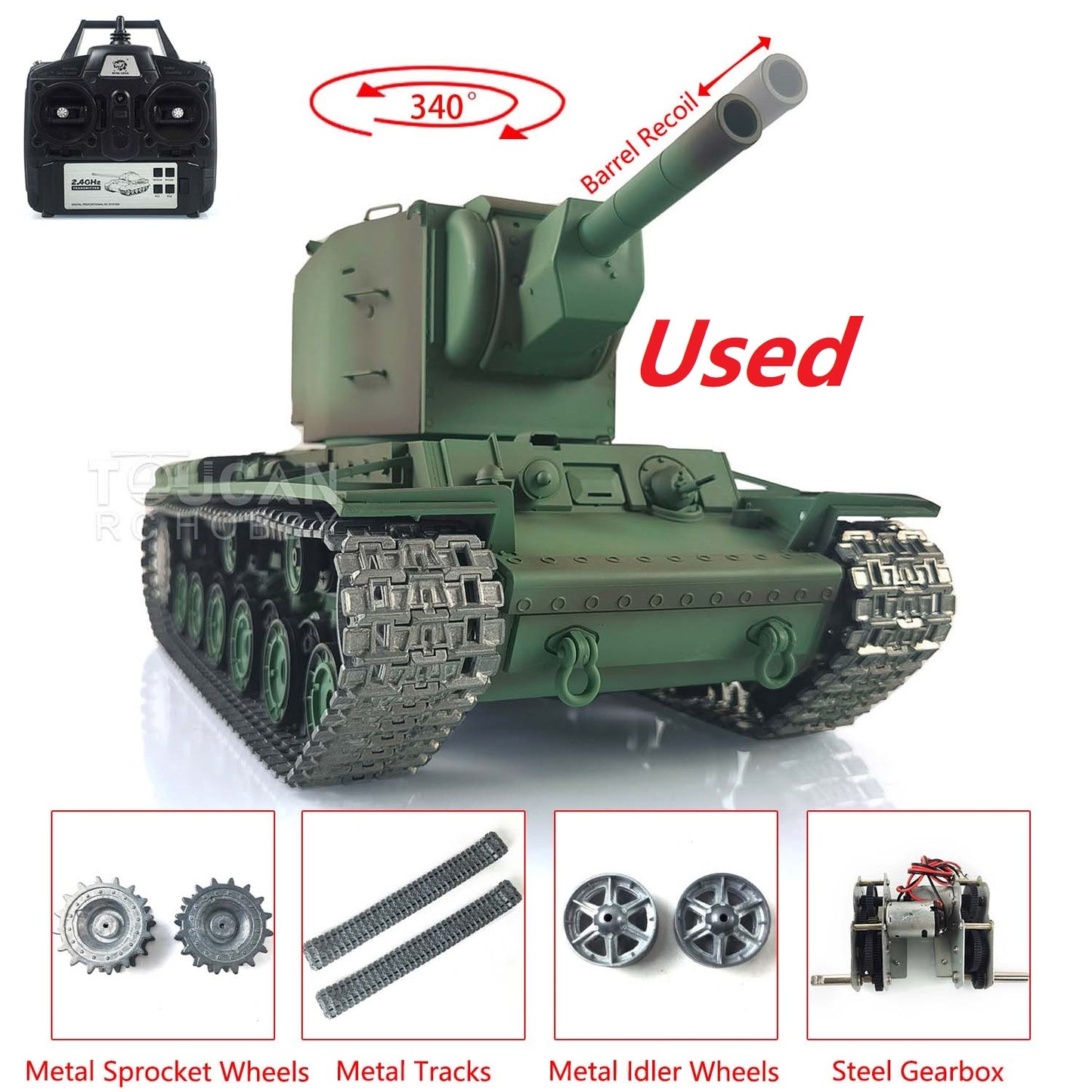 Second Hand US Warehouse Henglong 1/16 Scale Upgraded 7.0 Soviet KV-2 RTR RC Tank Gigant 3949 Metal Tracks Barrel Recoil Battery Charger
