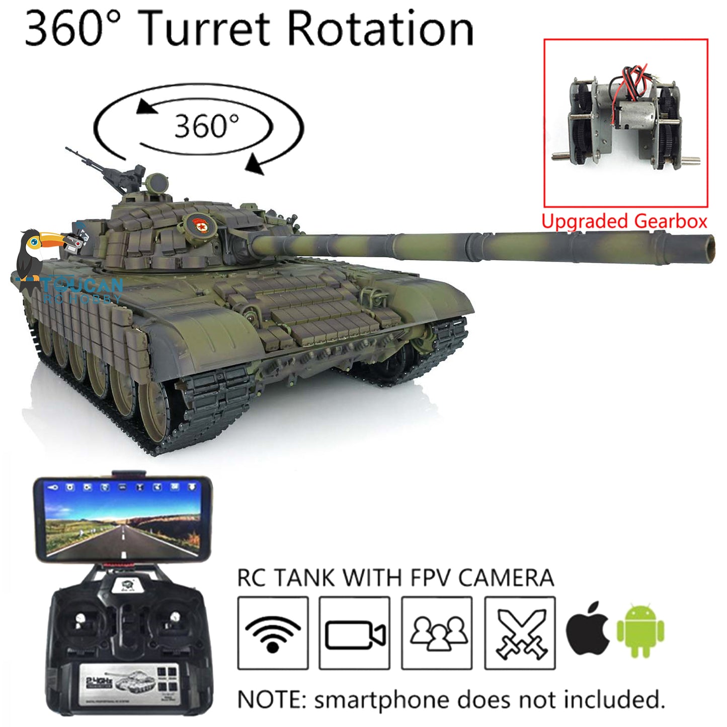 Henglong Remote Control Tank Model Military 1/16 TK7.0 T72 Battle Tank Model Installed FPV Steel Gearbox Tracks Stimulated Sounds Light