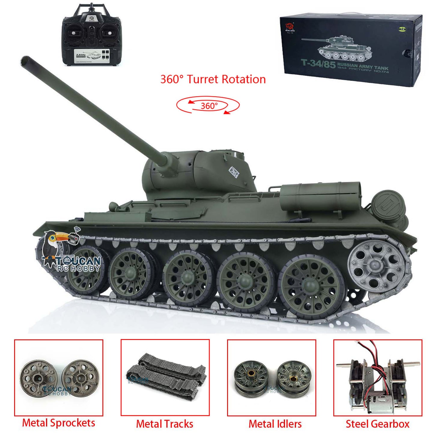 Henglong 1/16 7.0 Upgraded Soviet T34-85 I FPV RC Tank 3909 360?? Turret Radio Control Military Model BB Infrared Combating System Smoke