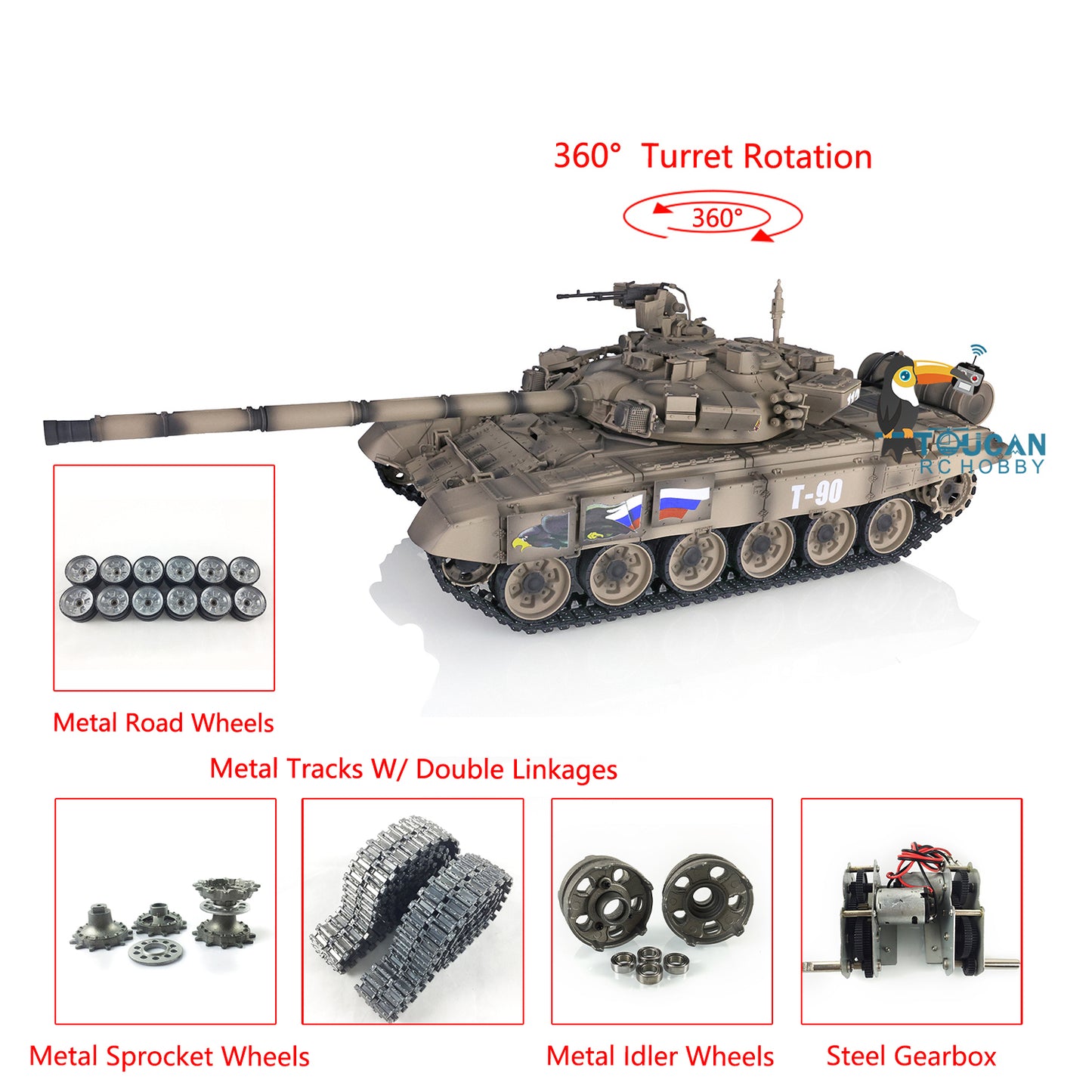 Henglong 7.0 Russian T90 1/16 RC Tank RTR 3938 360 Degrees Turret Metal Tracks With Linkages Wheels Steel Gearbox Battery Charger