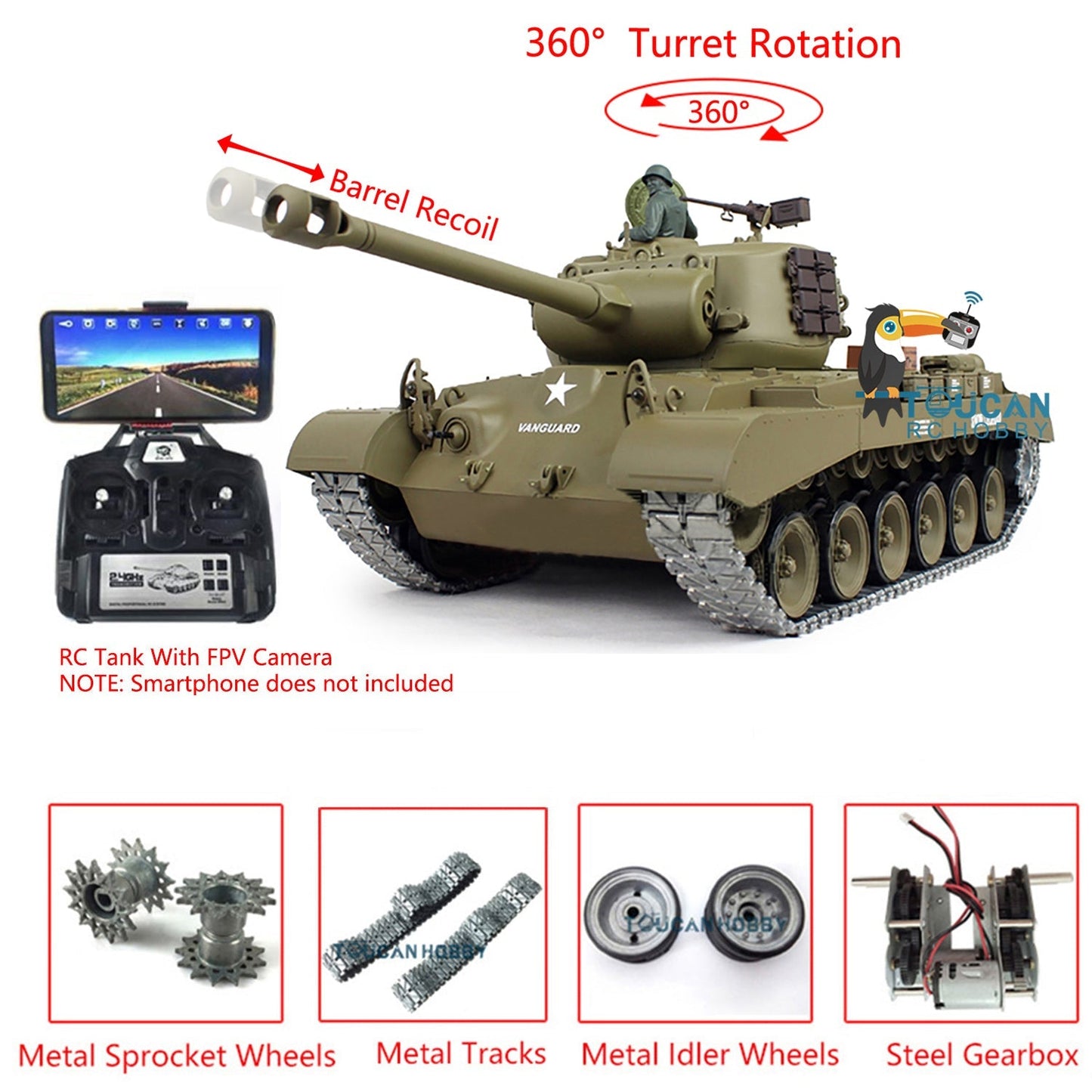 Henglong 1/16 Upgraded Radio Control Tank Model 3838 M26 Pershing w/ FPV 360 Degrees Rotating Turret Metal Tracks Sound Effect