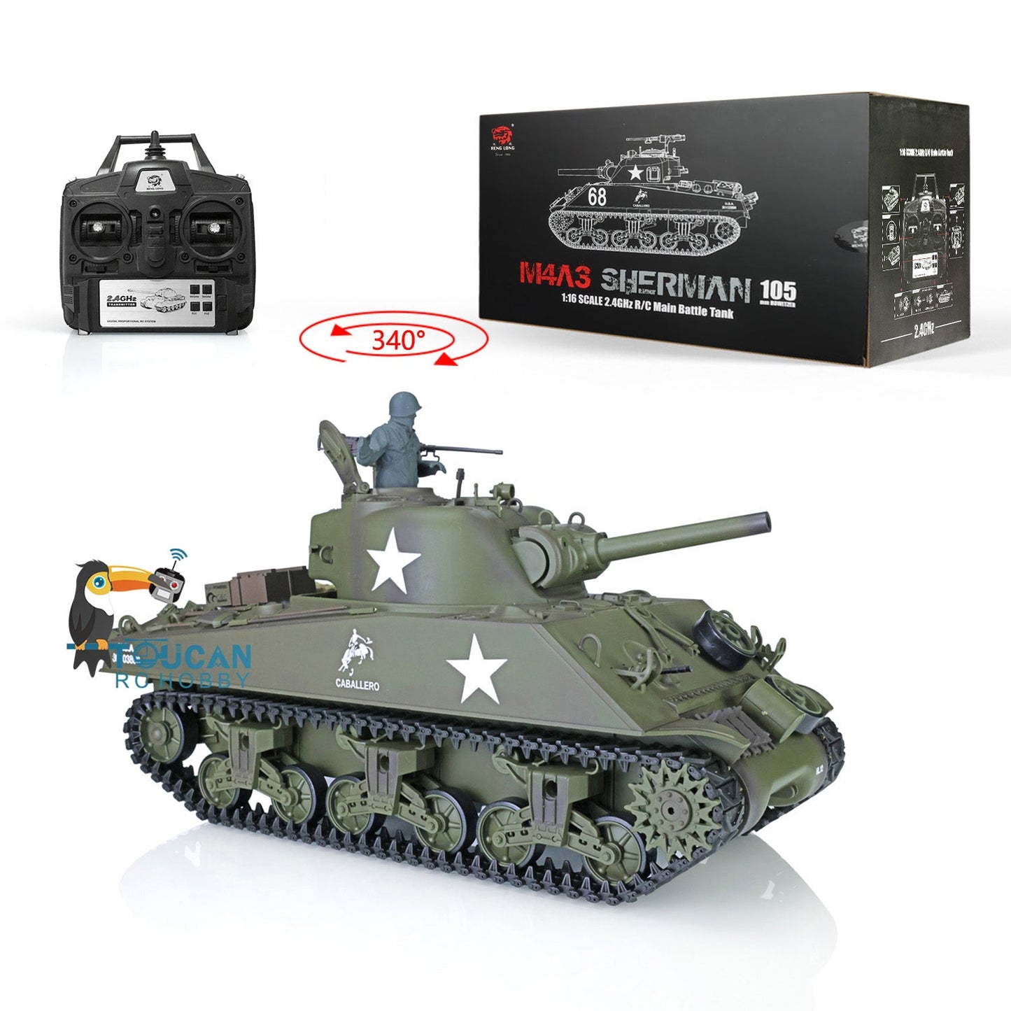 US Warehouse 2.4Ghz Henglong 1/16 Scale 7.0 Plastic Version M4A3 Sherman RTR RC Tank Model 3898 340 Degree Rotating Turret