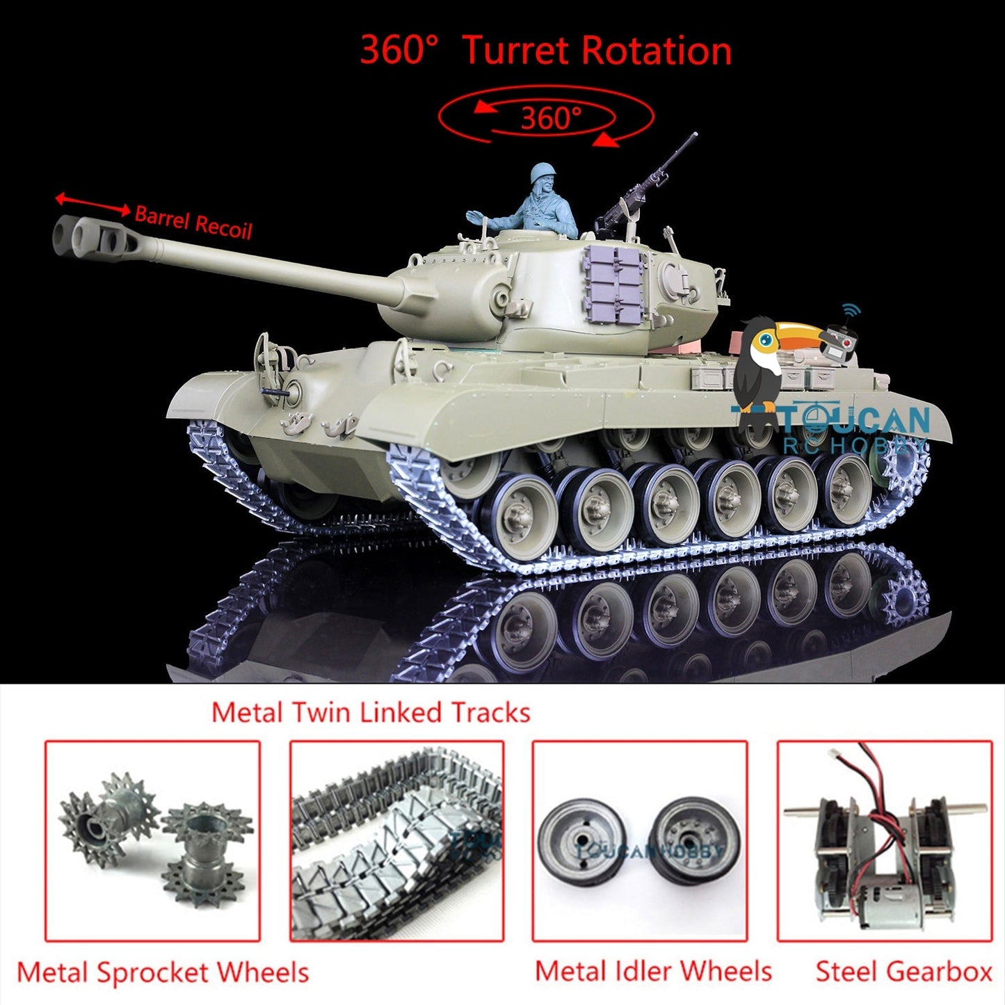 Henglong 1/16 TK7.0 Upgraded RC Tank Model 3838 USA M26 W/ 360 Degrees Rotating Turret Metal Tracks w/ Double Rubber Pad Smoking