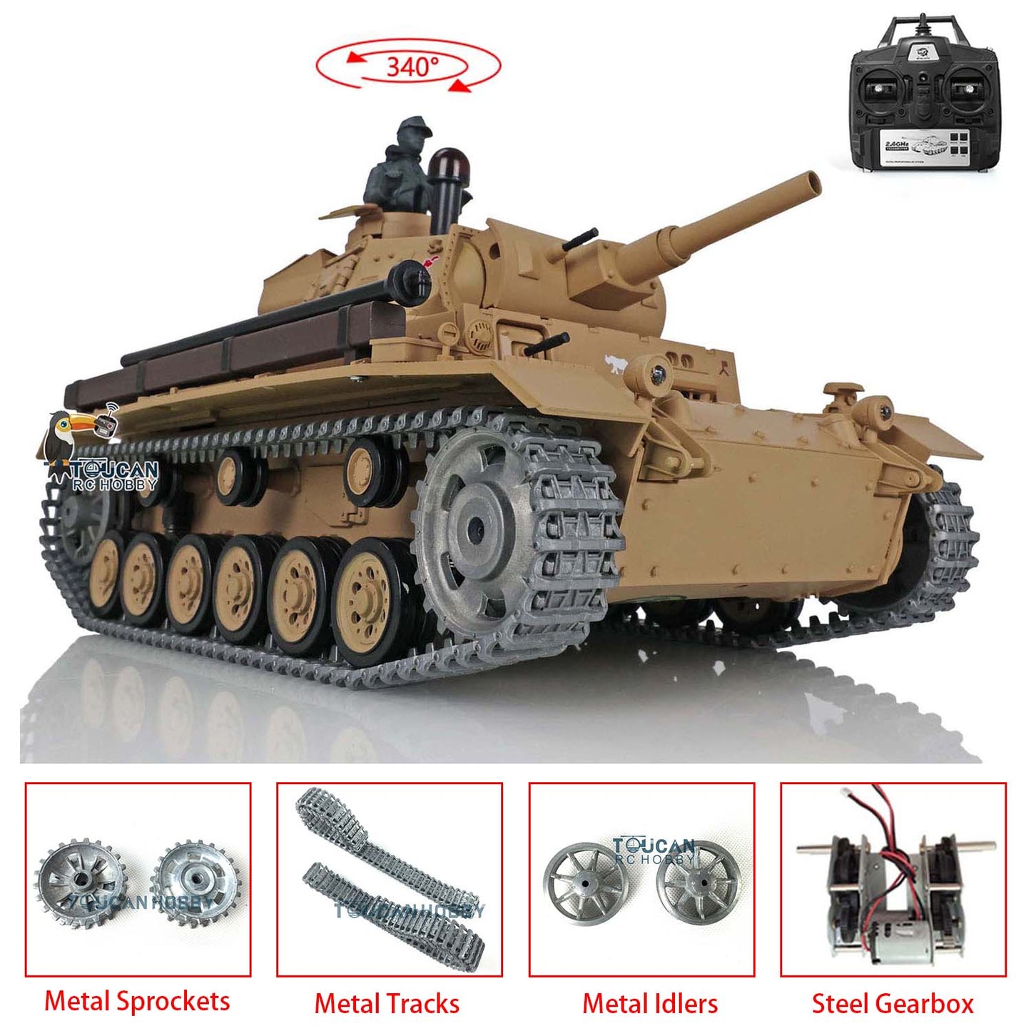 Henglong 1/16 Radio Control Tank Model Panzer III H 3849 Upgraded TK7.0 RTR RC Tank Model w/ Metal Idler Sprocket Wheels Tracks