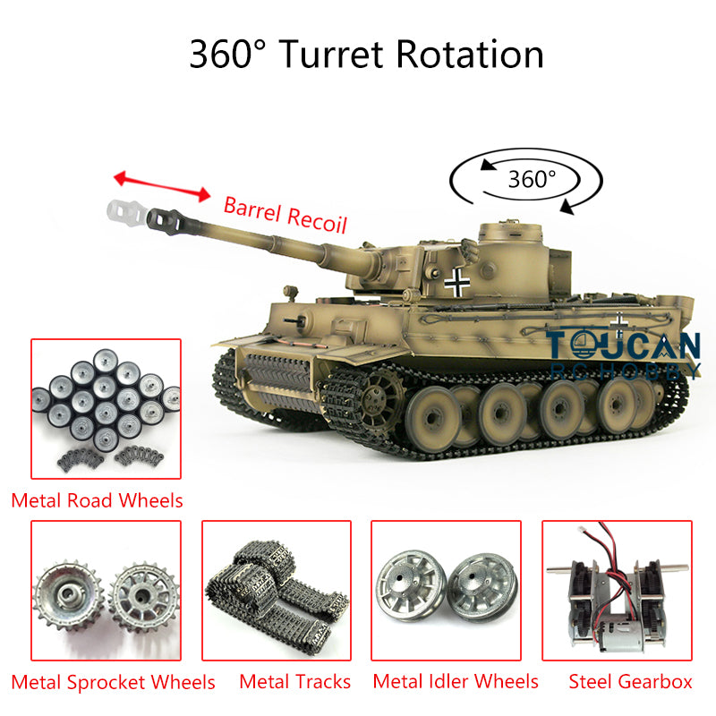 Henglong 1/16 Tiger I RC Tank Model 3818 TK7.0 w/ 360 Degrees Rotating Turret Metal Idler Sprocket Road Wheels Smoking Gearbox