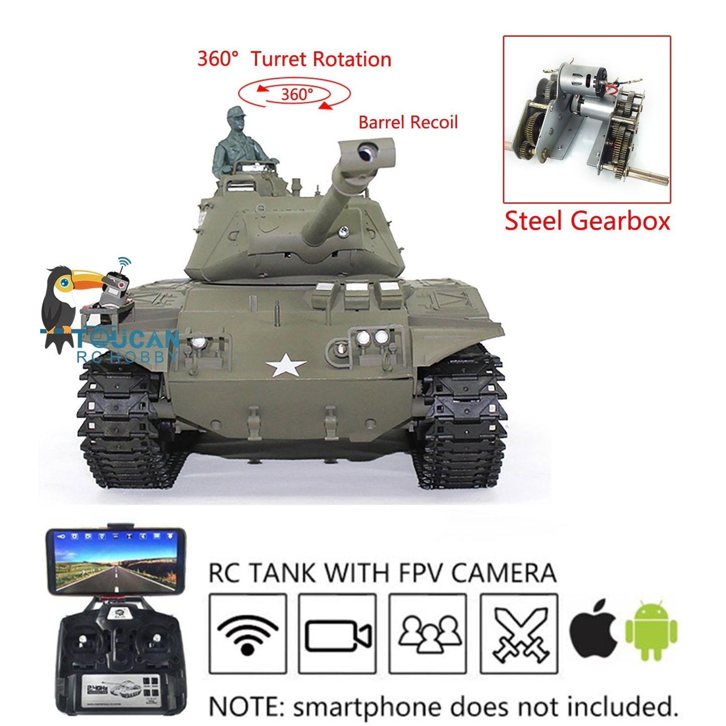 Henglong 1/16 RC Tank Model Plastic Walker Bulldog 3839 Radio Control Tank Model w/ 360 Degrees Rotating Turret FPV Barrel Recoil