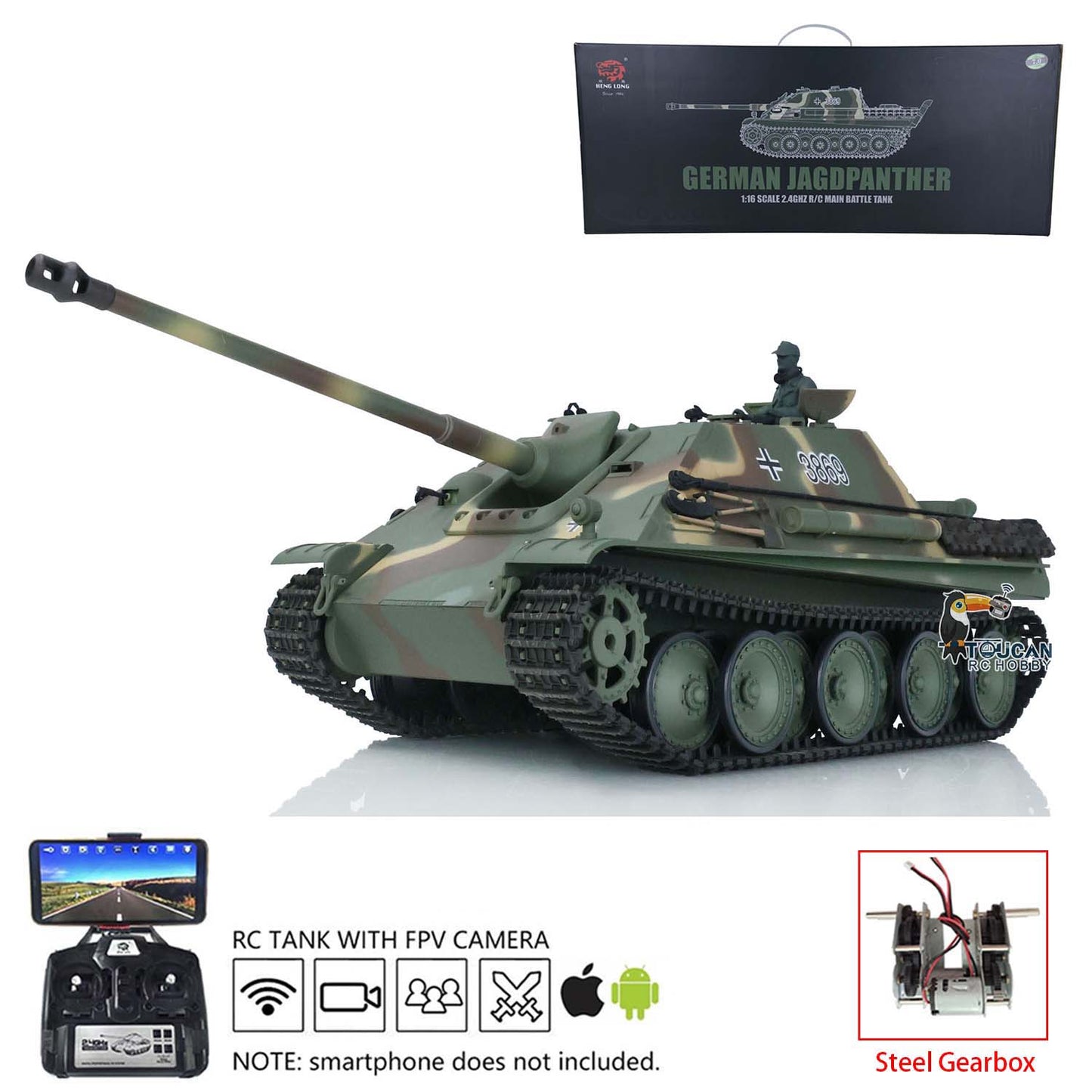 Henglong 1/16 7.0 Plastic Jadpanther FPV RTR RC Radio Control Tank 3869 Steel Gearbox Infrared Combating Smoking System BB