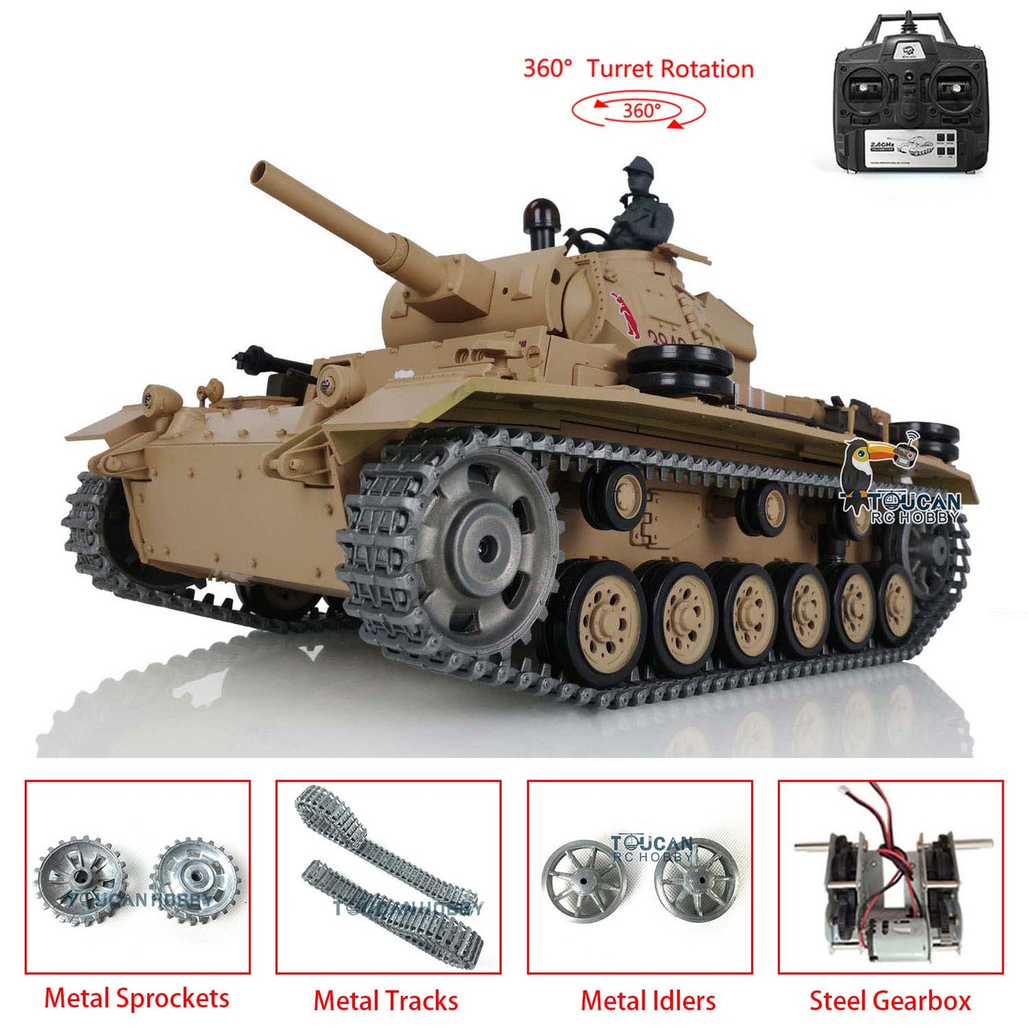 Henglong 1/16 Scale 7.0 Upgraded Panzer III H RTR RC Tank 3849 360 Degree Turret Rotation Metal Tracks Sprocket Wheels Infrared Combating System