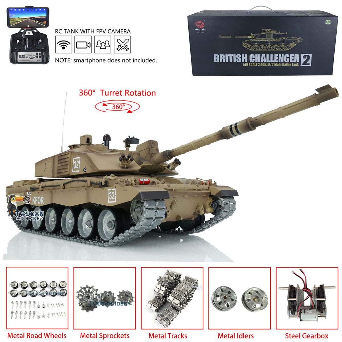 Henglong 1/16 TK7.0 Customize 3908 Challenger II RTR RC Tank with Metal Tracks Road Drive Idler Wheels