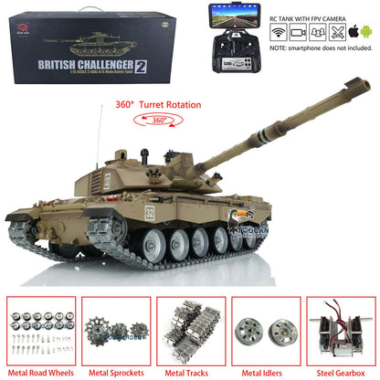 Henglong 1/16 7.0 RC Tank 3908 Customize Challenger II Metal Tracks Road Wheels FPV 360 Degree Turret Infrared Combat Barrel lifting Idle Smoke