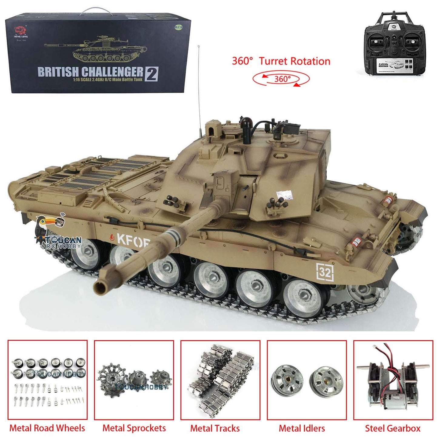 2.4G Henglong 1/16 7.0 Challenger II 3908 RTR RC Tank Military Vehicle BB IR Smoke Sound 360 Degree Turret Metal Tracks Drive Road Idler Wheels