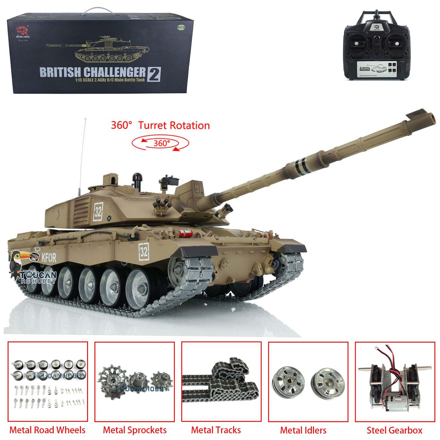 Henglong 1/16 7.0 RC Tank 3908 Customized Challenger II Metal Road Wheels Tracks 360 Degree Turret Infrared Combat Idle Smoke Barrel lifting