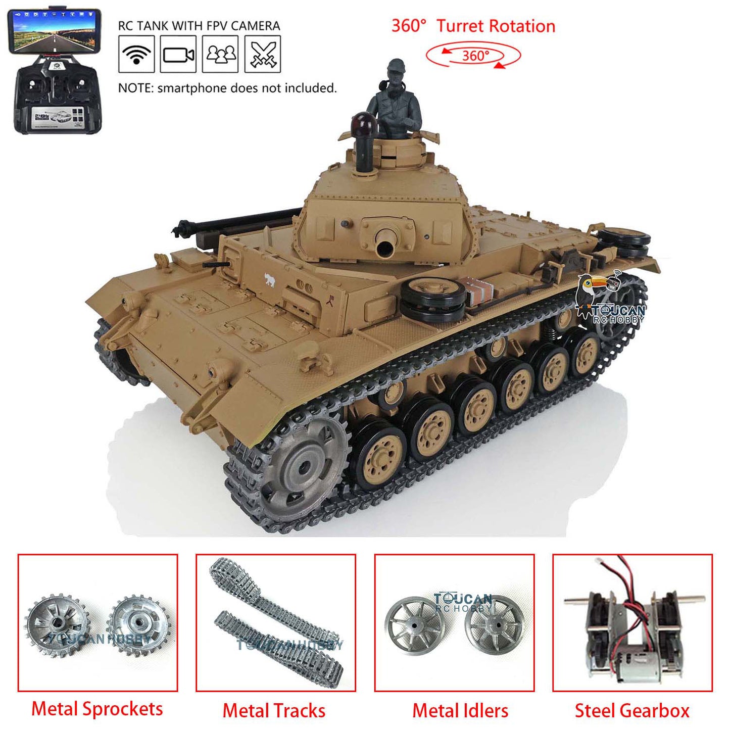Henglong 1/16 Scale 7.0 Upgraded Panzer III H RTR RC Tank 3849 360 Degree Turret Rotation Metal Tracks Sprocket Wheels Infrared Combating System