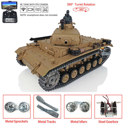 Henglong 1/16 Scale 7.0 Upgraded Panzer III H RTR RC Tank 3849 360 Degree Turret Rotation Metal Tracks Sprocket Wheels Infrared Combating System