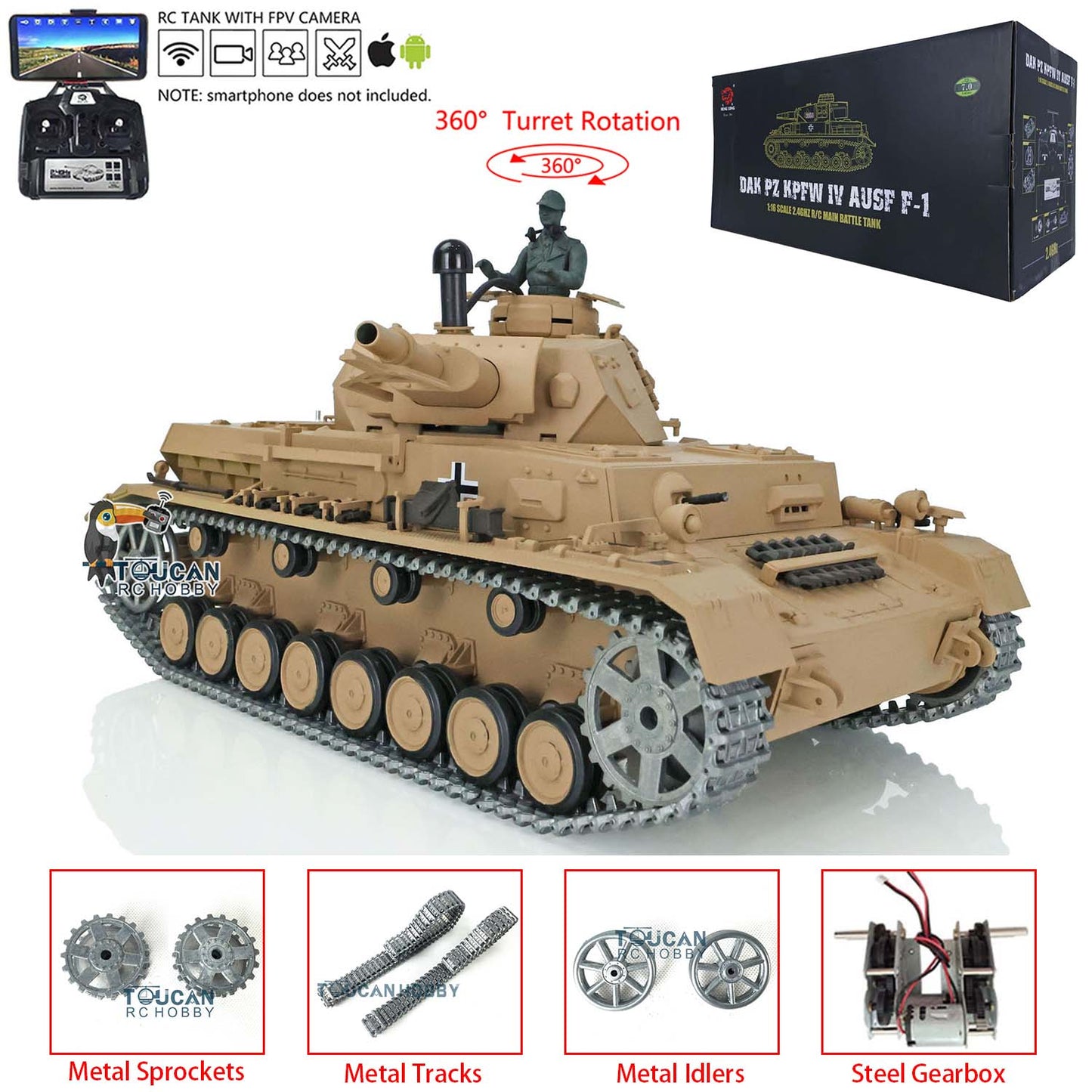 Henglong 1/16 Scale 7.0 Upgraded Panzer IV F RTR RC Tank 3858 360 Degree Turret Rotation Metal Sprocket Wheels Infrared Combating System