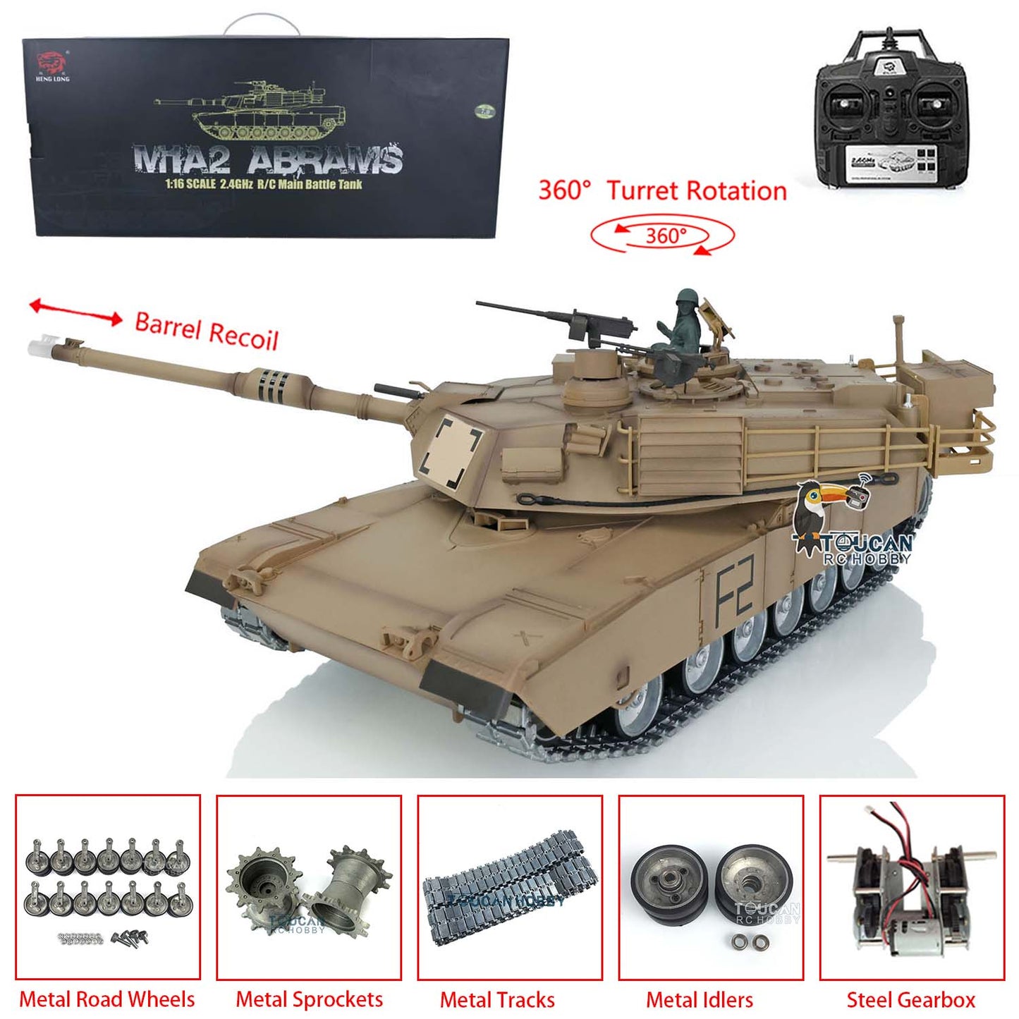 Henglong 1/16 7.0 Abrams RTR RC Tank 3918 360 Degree Turret Rotation Barrel Recoil Metal Tracks Wheels Infrared Combating System