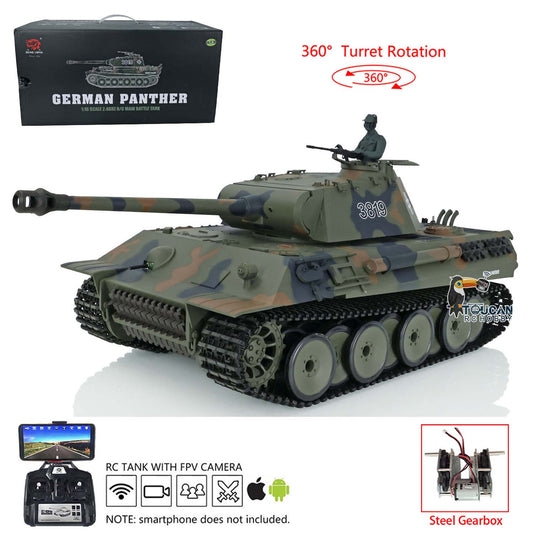 Henglong TK7.0 1/16 Plastic German Panther RTR RC Tank 3819 FPV 360 Degrees Turret BB IR Smoke Sounds Lights Metal Steel Driving Gearbox