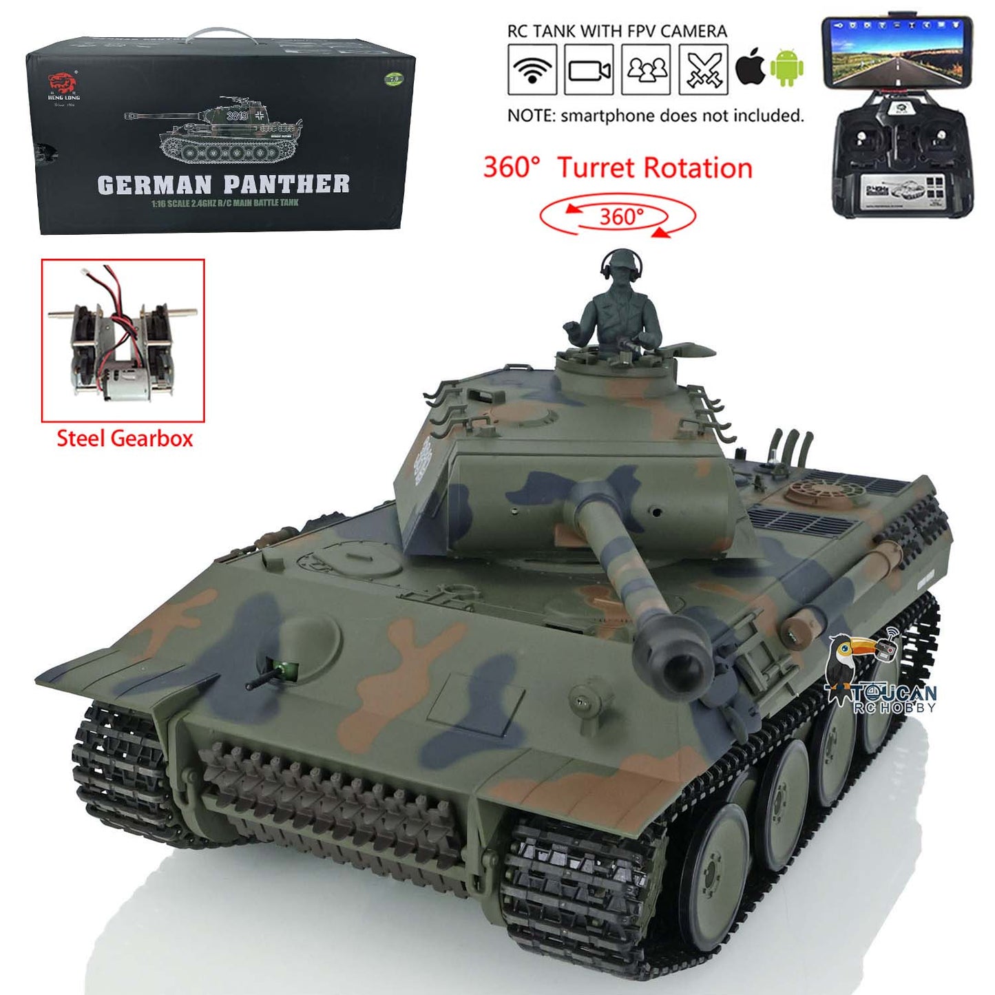 Henglong TK7.0 1/16 Plastic German Panther RTR RC Tank 3819 FPV 360 Degrees Turret BB IR Smoke Sounds Lights Metal Steel Driving Gearbox