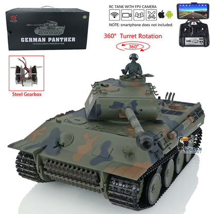 Henglong TK7.0 1/16 Plastic German Panther RTR RC Tank 3819 FPV 360 Degrees Turret BB IR Smoke Sounds Lights Metal Steel Driving Gearbox