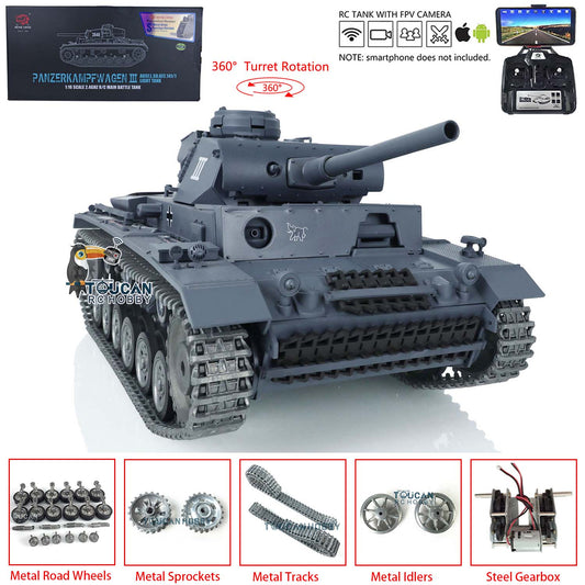Henglong 1/16 RTR RC Tank 3848 TK7.0 Customized Panzer III L 360 Degrees Rotating Turret FPV Metal Tracks Road Wheels Smoking Gearbox