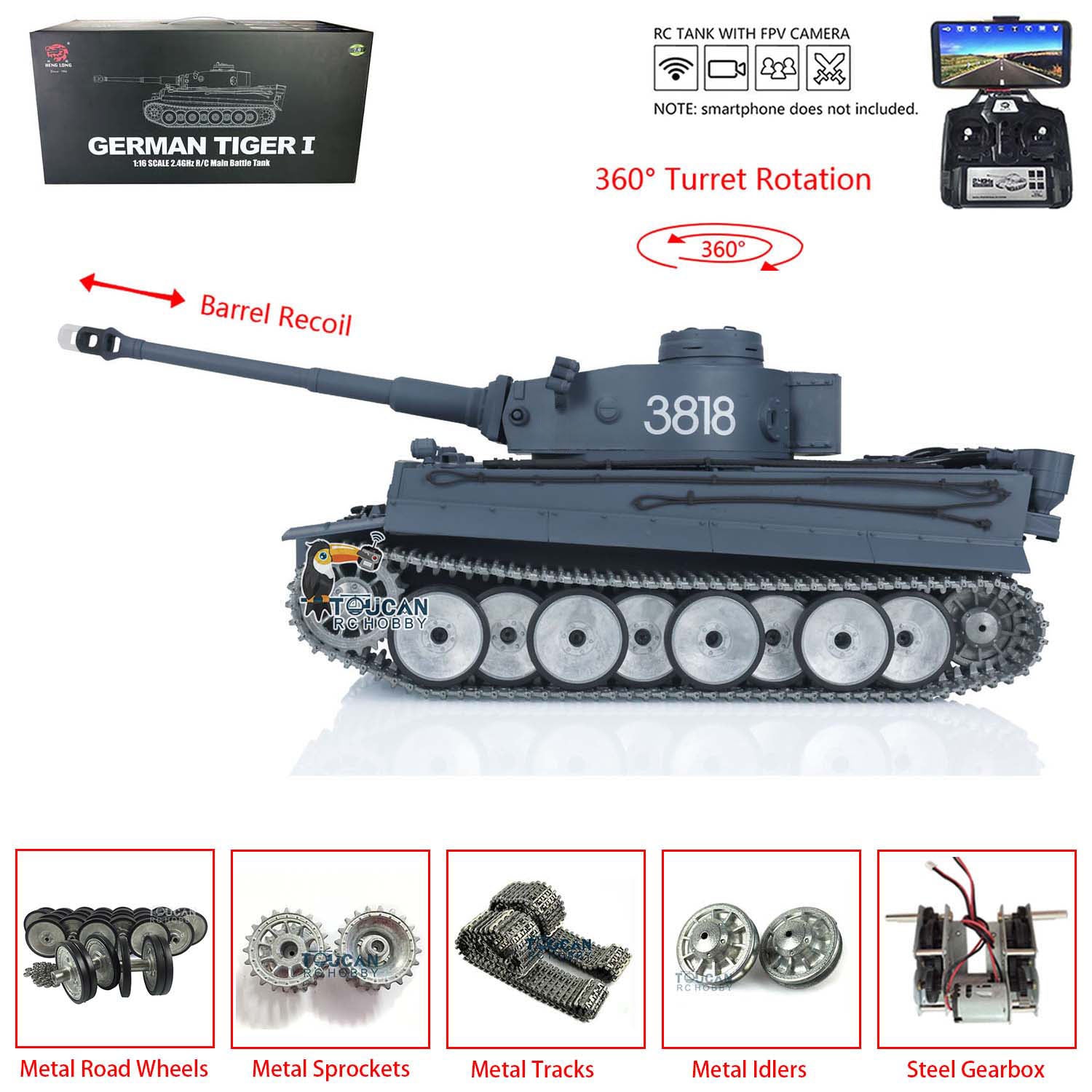 Henglong 1/16 TK7.0 3818 Tiger I RTR RC Tank Hand Spray Painting Color