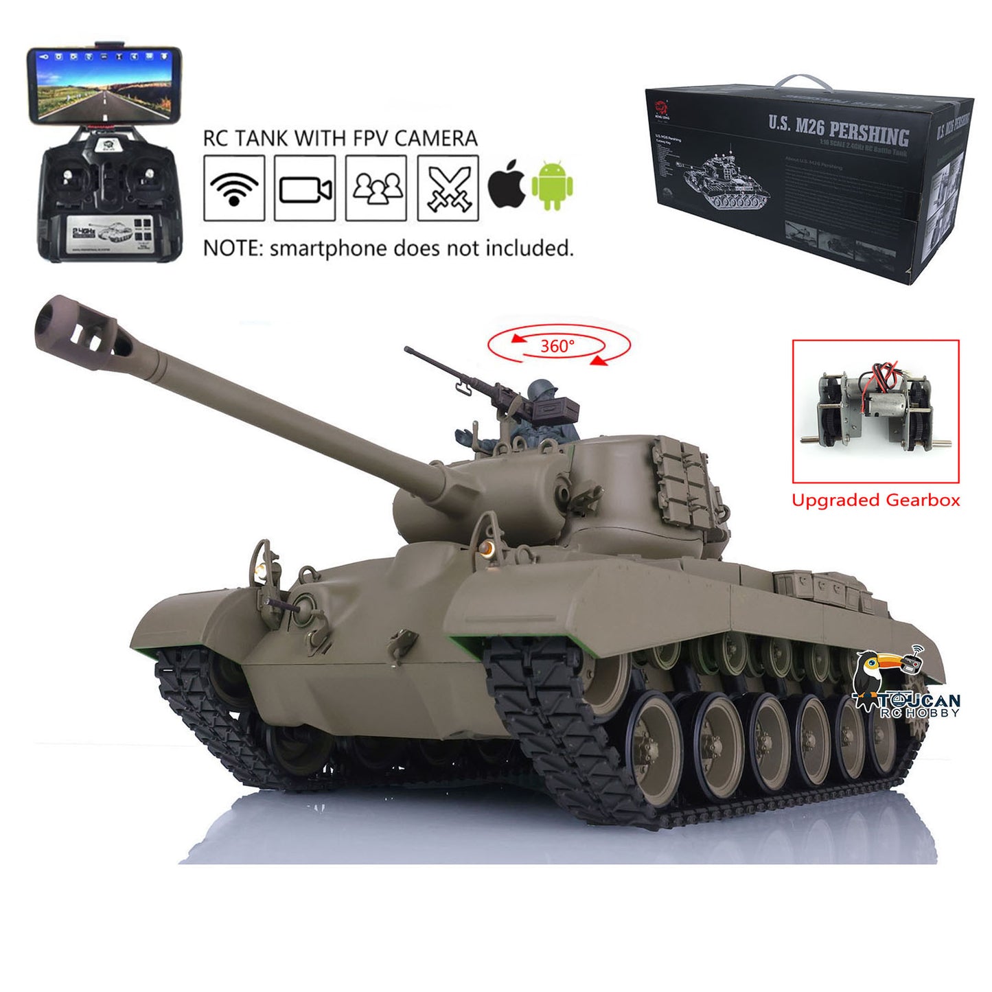 Henglong FPV 1/16 7.0 M26 RTR RC Tank 3838 Metal Steel Driving Gearbox 360 Degree Turret Rotation Infrared Combating System