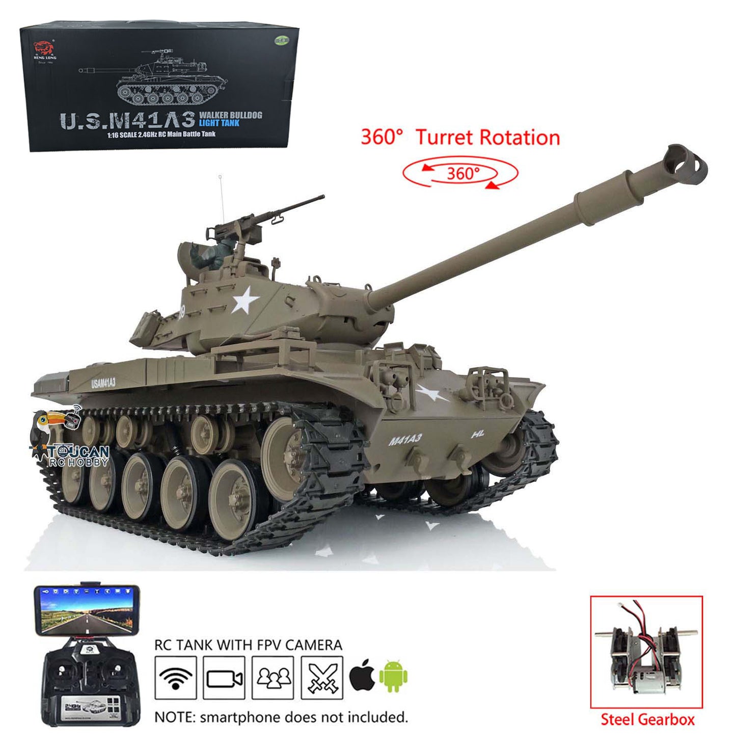 Henglong 1/16 7.0 FPV Walker Bulldog RC Tank 3839 Metal Steel Driving Gearbox 360 Degree Turret Rotation Infrared Combating System