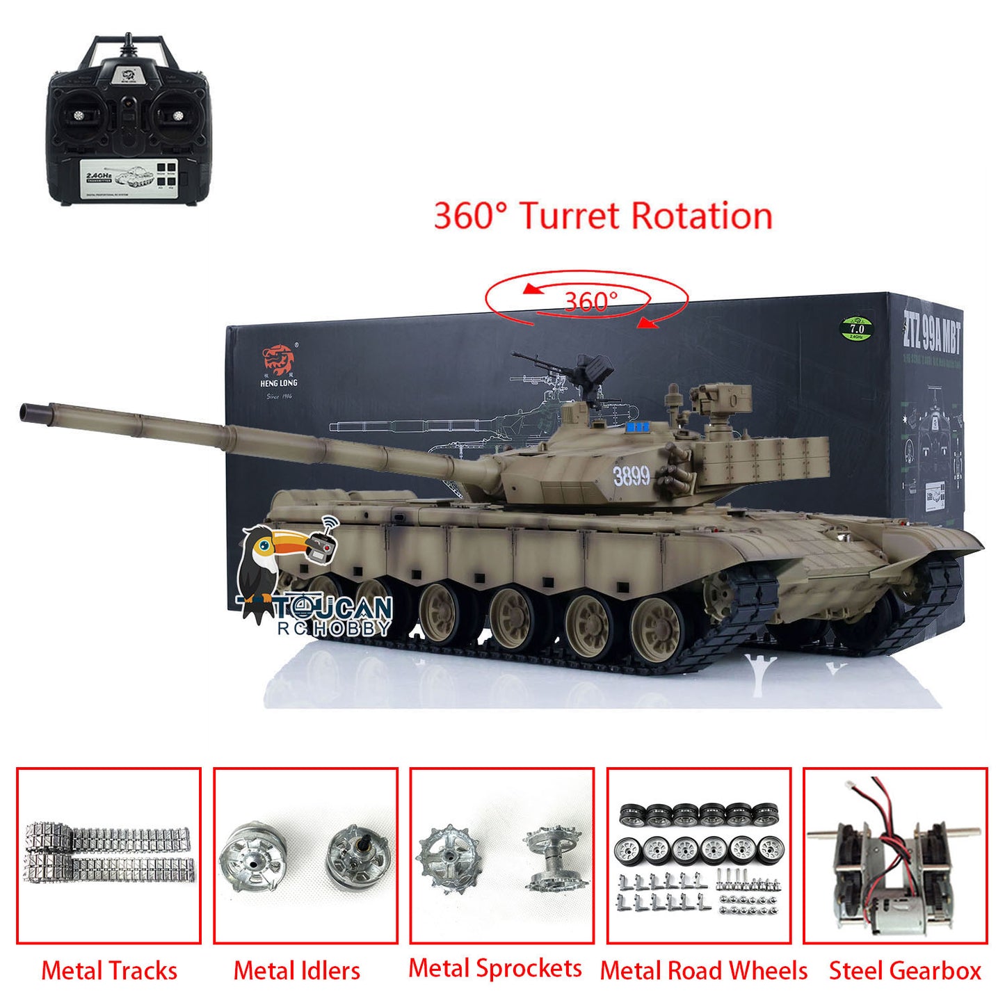 Henglong 1/16 7.0 99A RC Tank Remote Controlled Military Vehicle Chinese Panzer 3899A 360 Degree Turret Metal Tracks Wheels