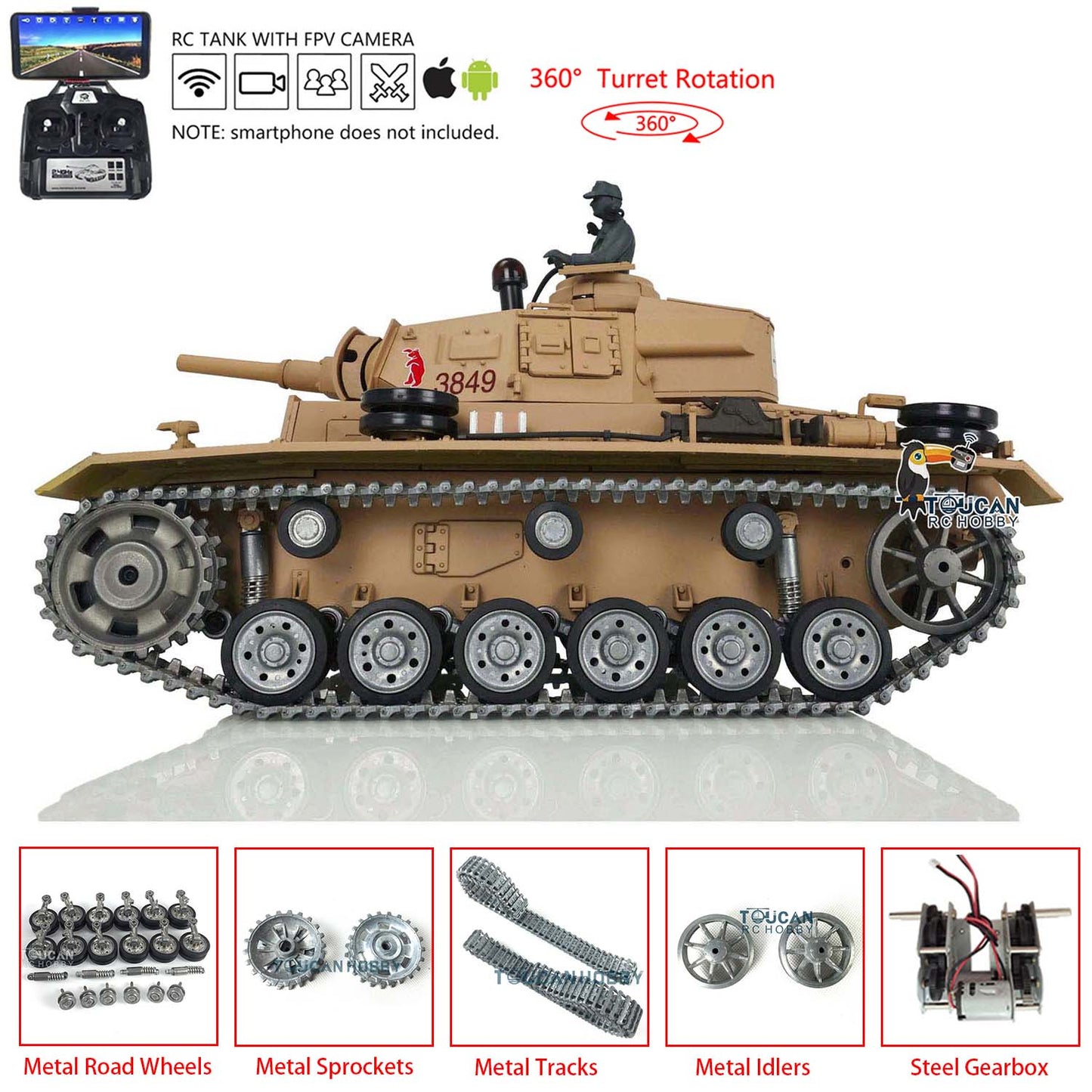 Henglong 1/16 7.0 Main Board Customized Version German Panzer III H RTR RC Tank 3849 With Fist Person View System Metal Tracks Wheels