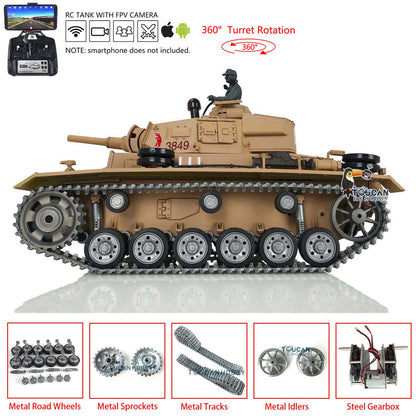 Henglong 1/16 7.0 Main Board Customized Version German Panzer III H RTR RC Tank 3849 With Fist Person View System Metal Tracks Wheels
