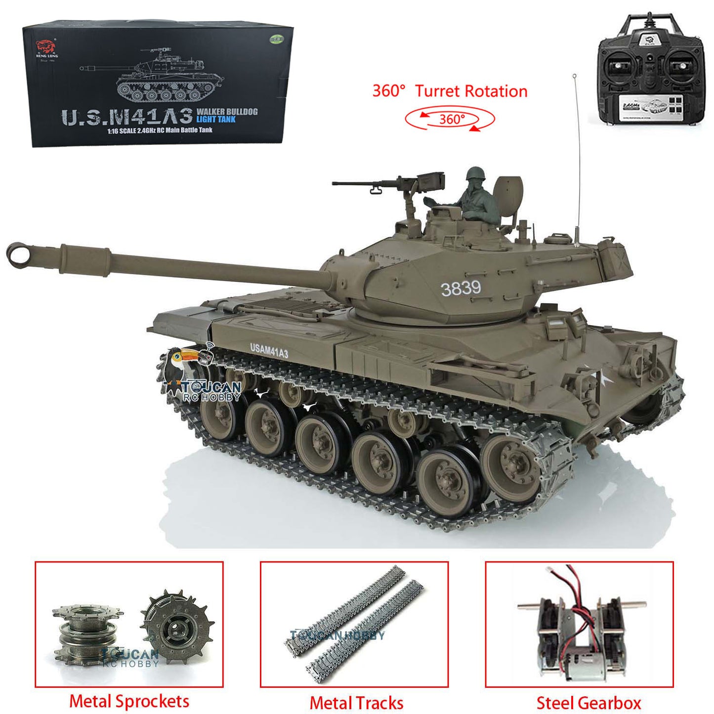 Henglong 1/16 Scale 7.0 Upgraded USA M26 Pershing 3838 /Walker Bulldog M41A3 3839 360 Degree Turret Rotation Infrared Combating System