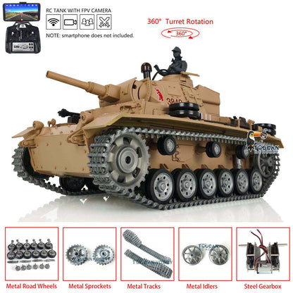 Henglong 1/16 TK7.0 German Panzer III H RTR RC Tank 3849 FPV 360 Degrees Turret BB IR Smoke Metal Barrel Tracks Sprockets Idlers Road Wheels