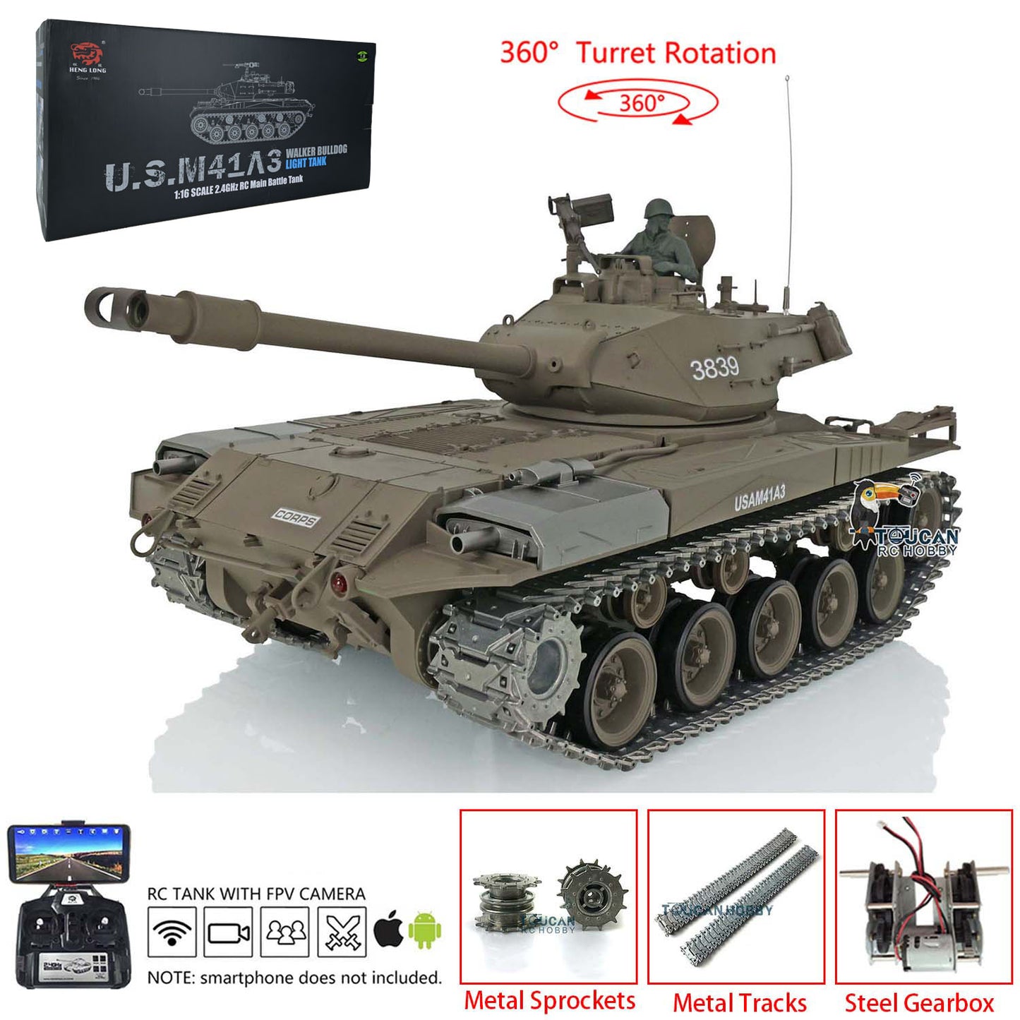 Henglong 1/16 7.0 Upgraded Walker Bulldog RC Tank 3839 FPV 360 Degree Turret Rotation Metal Tracks Sprocket Wheels Infrared Combating System