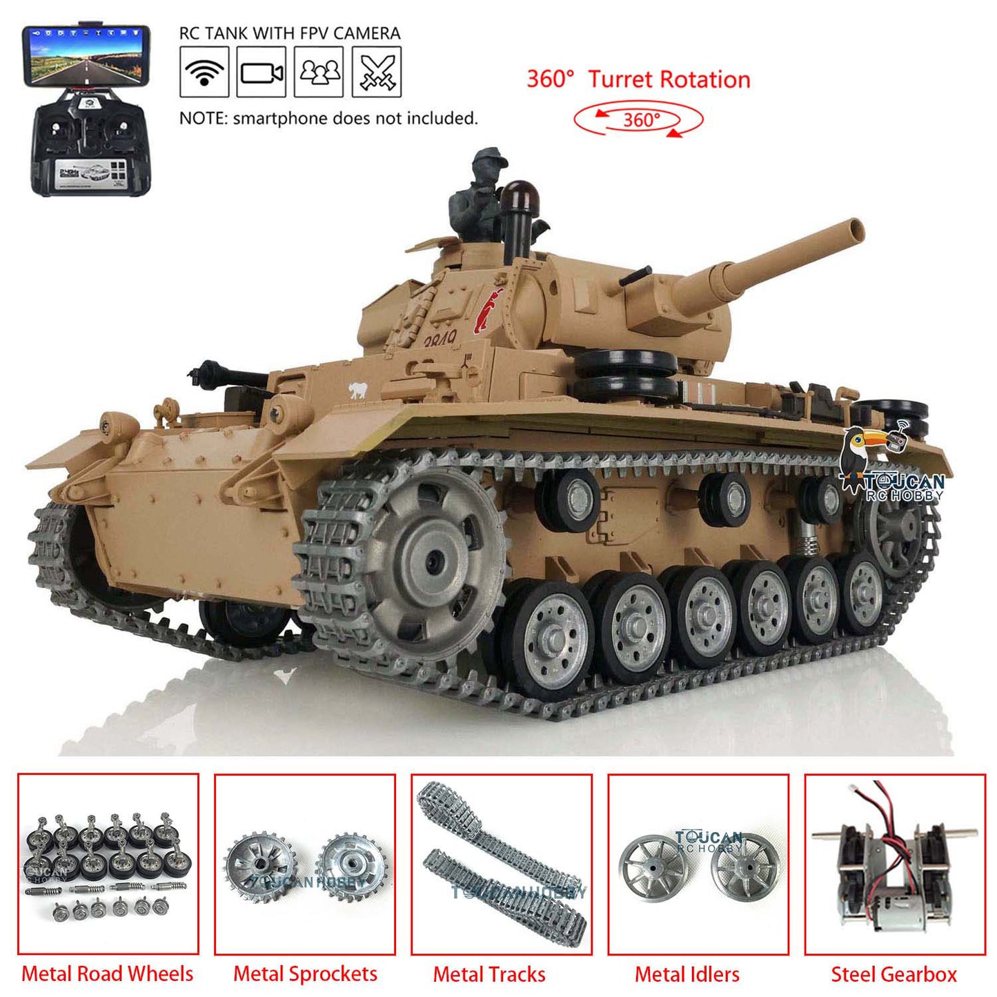 Henglong 1/16 TK7.0 German Panzer III H RTR RC Tank 3849 FPV 360 Degrees Turret BB IR Smoke Metal Barrel Tracks Sprockets Idlers Road Wheels
