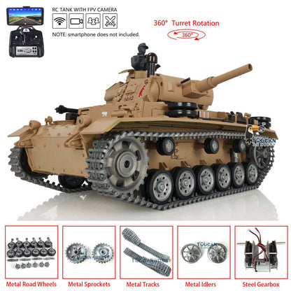 Henglong 1/16 TK7.0 German Panzer III H RTR RC Tank 3849 FPV 360 Degrees Turret BB IR Smoke Metal Barrel Tracks Sprockets Idlers Road Wheels