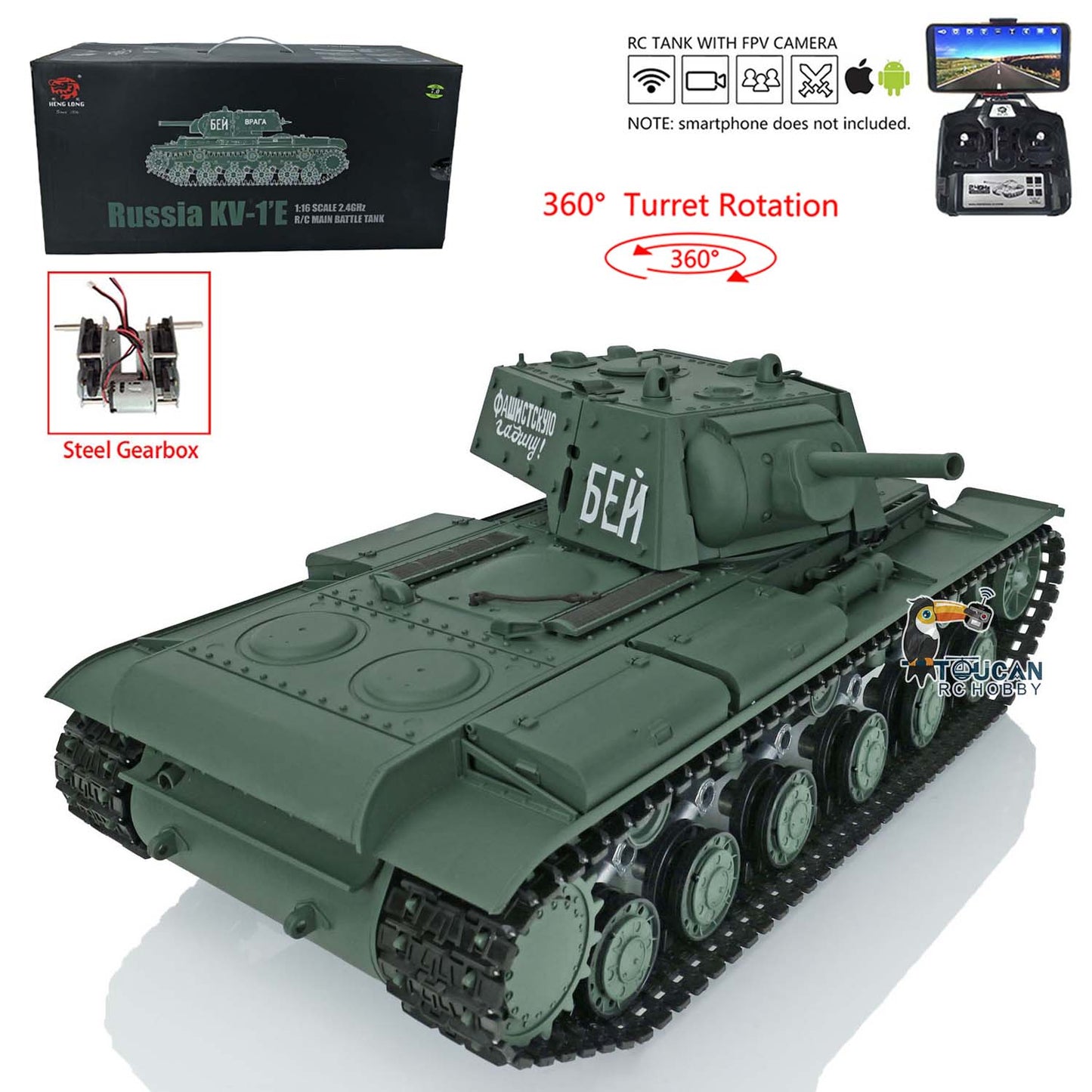 Henglong RC Tank Model 1/16 TK7.0 Plastic 3878 Soviet Union KV-1 w/ FPV 360 Degrees Rotating Turret BB Shooting Sound Effect 2.4Ghz