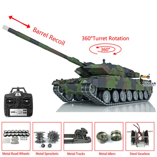 US Stock Henglong 1/16 7.0 3889 Leopard2A6 RC Tank Barrel Recoil 360 Degree Turret BB Infrared Combat Smoke Sound Metal Wheels Tracks W/ Rubbers