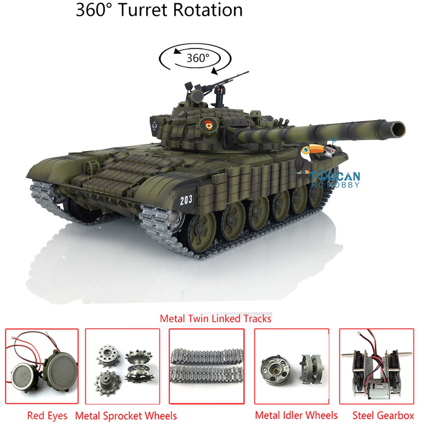 Henglong 1/16 TK7.0 Russia T72 RTR RC Tank 3939 with Red Eyes Armor 360 Degrees Turret BB IR Smoke Metal Tracks Gearbox Sprockets Idlers Wheels