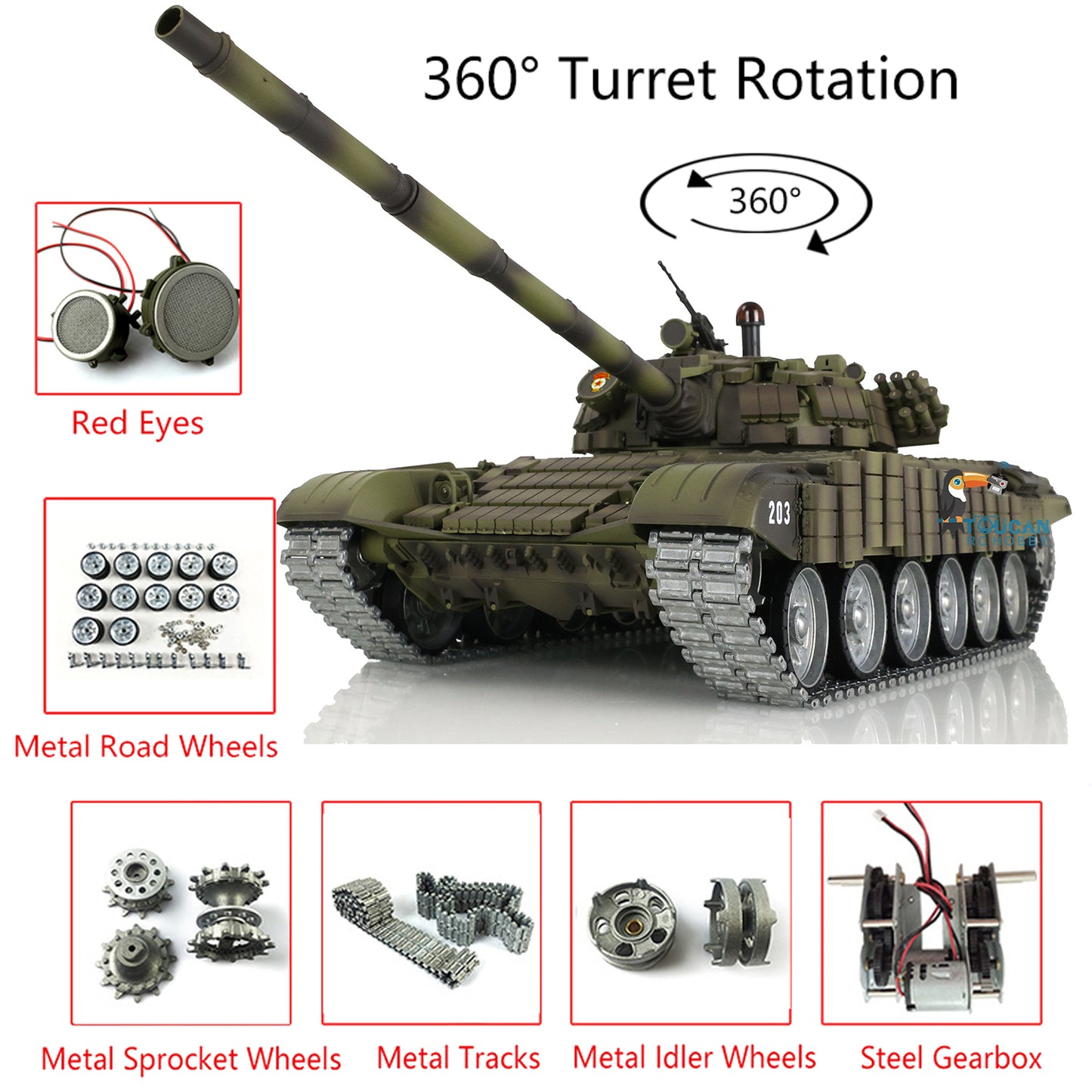 Henglong 1/16 TK7.0 Russia T72 RTR RC Tank 3939 with Red Eyes Armor 360 Degrees Turret BB IR Smoke Metal Tracks Gearbox Sprockets Idlers Road Wheels