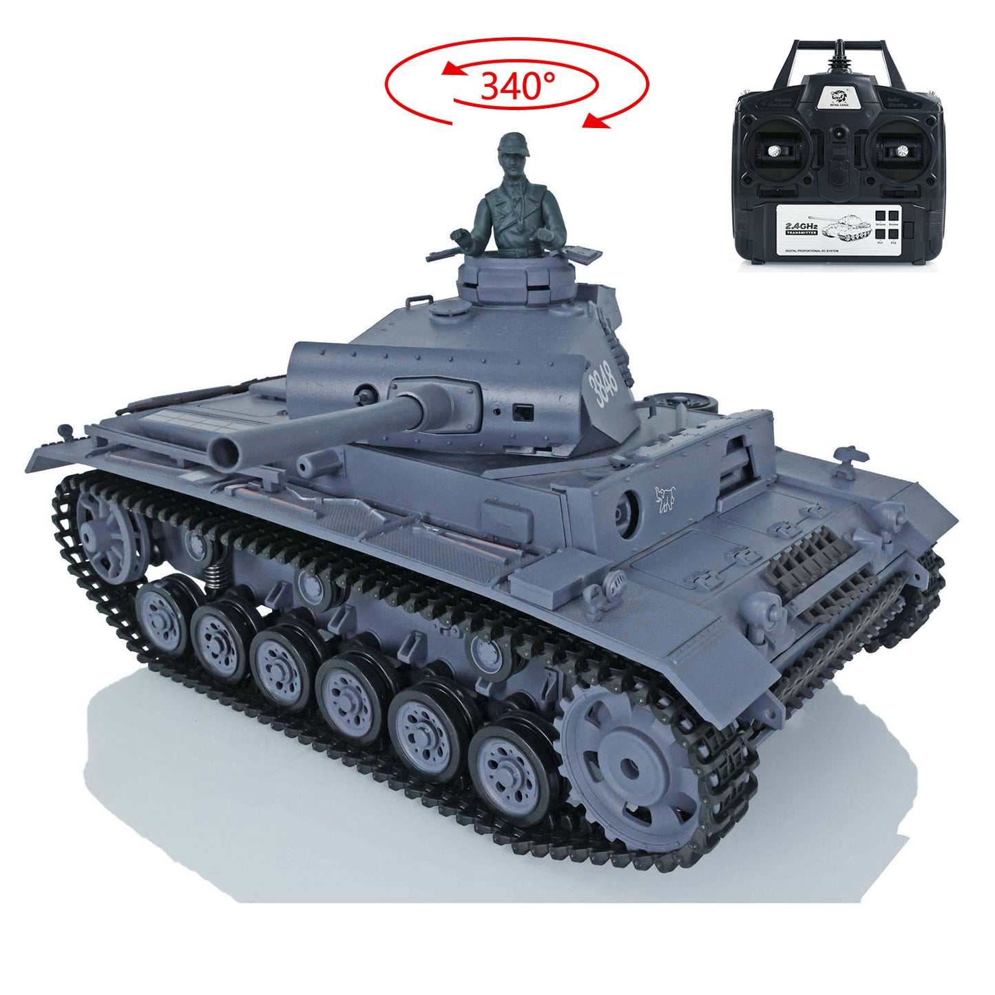 US Warehouse 2.4Ghz Henglong 1/16 7.0 3848 German Panzer III L RTR RC Tank Model 340 Degree Turret BB IR Smoke Metal Berrel