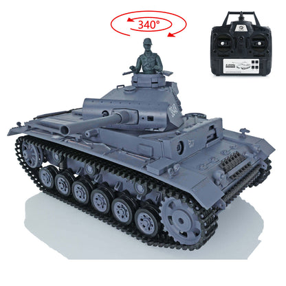 US Warehouse 2.4Ghz Henglong 1/16 7.0 3848 German Panzer III L RTR RC Tank Model 340 Degree Turret BB IR Smoke Metal Berrel