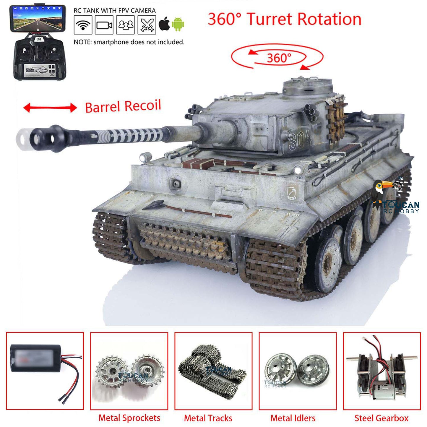 German Tiger I RC Tank 1/16 Heng Long Upgrade 7.0 FPV 3818 Metal Tracks Sprocket Wheels Barrel Recoil Manual Spray Tanks Infrared Combating System