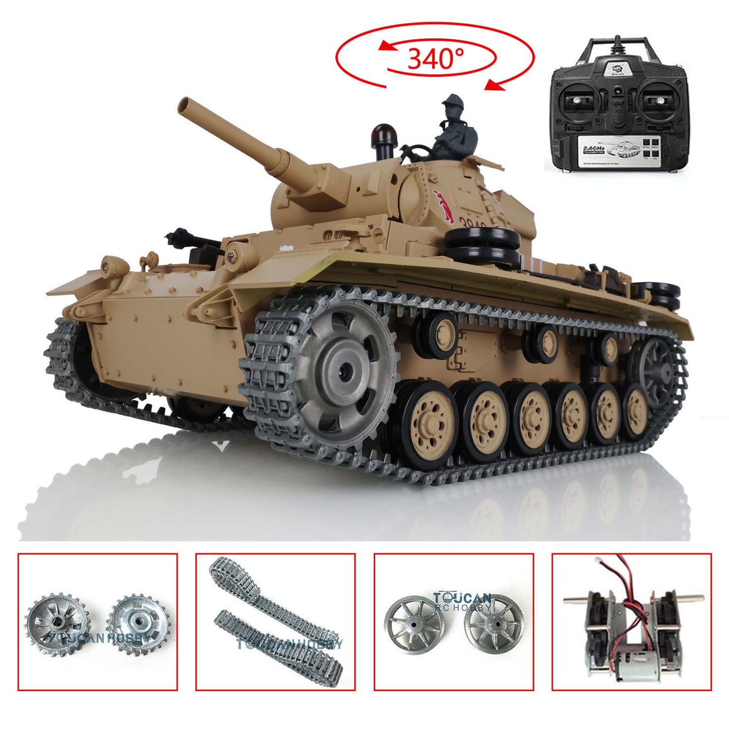 US Stock Henglong 1/16 7.0 Upgraded German Panzer III H 3849 RTR RC Tank Model IR BB Unit Smoke Metal Tracks Barrel Idler Drive Wheels Gearbox