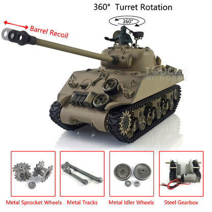 Henglong 1/16 7.0 RC Tank 3898 M4A3 Sherman Metal Tracks Sprocket Wheels Barrel Recoil Lifting Idle Smoke 360 Degree Turret BB Unit Infrared Combat