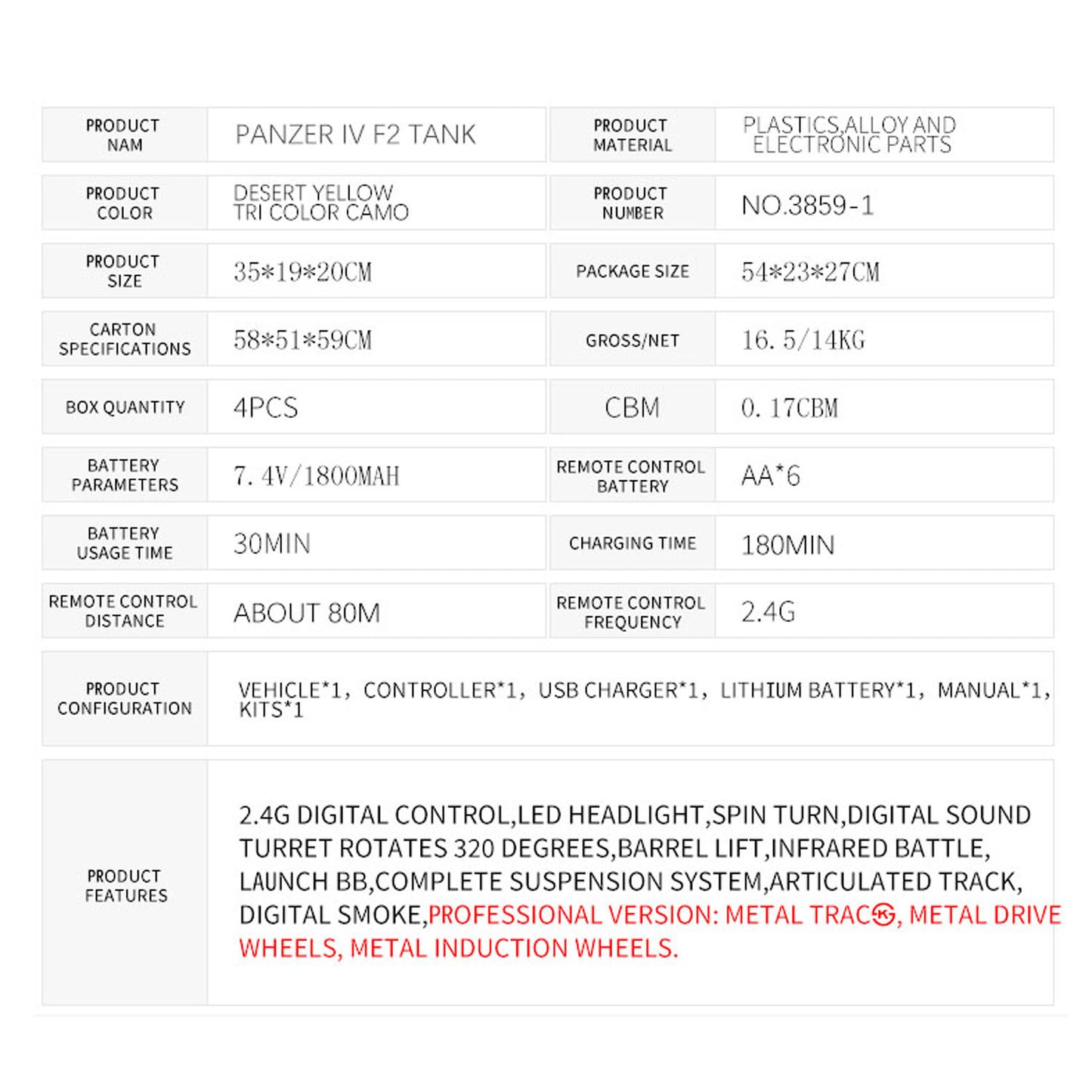 Henglong 3859 1/16 7.0 Plastic German Panzer IV F2 RTR RC Tank Model BB Infrared Combat System Steel Gearbox 1800mah Battery