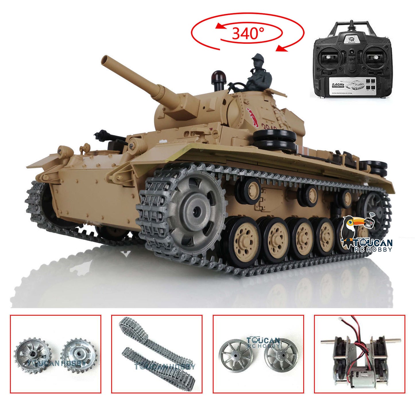 2.4G Henglong 1/16 Snow 7.0 Upgraded Panzer III H RTR RC Tank 3849 Metal Tracks Sprocket Wheels BB Infrared Combating System