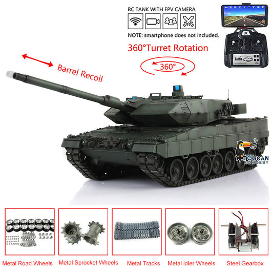Henglong 1/16 TK7.0 3889 Leopard2A6 RTR RC Tank FPV Barrel Recoil BB IR Smoke 360 Degrees Turret Metal Tracks Road Drive Idler Wheels Gearbox